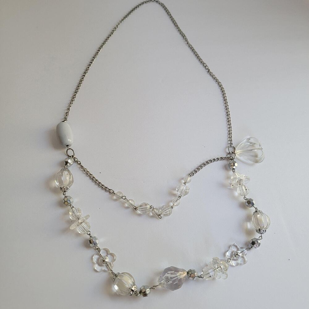 Silver Tone Clear Acrylic Beaded Necklace Heart Pendant Layered Chain Love